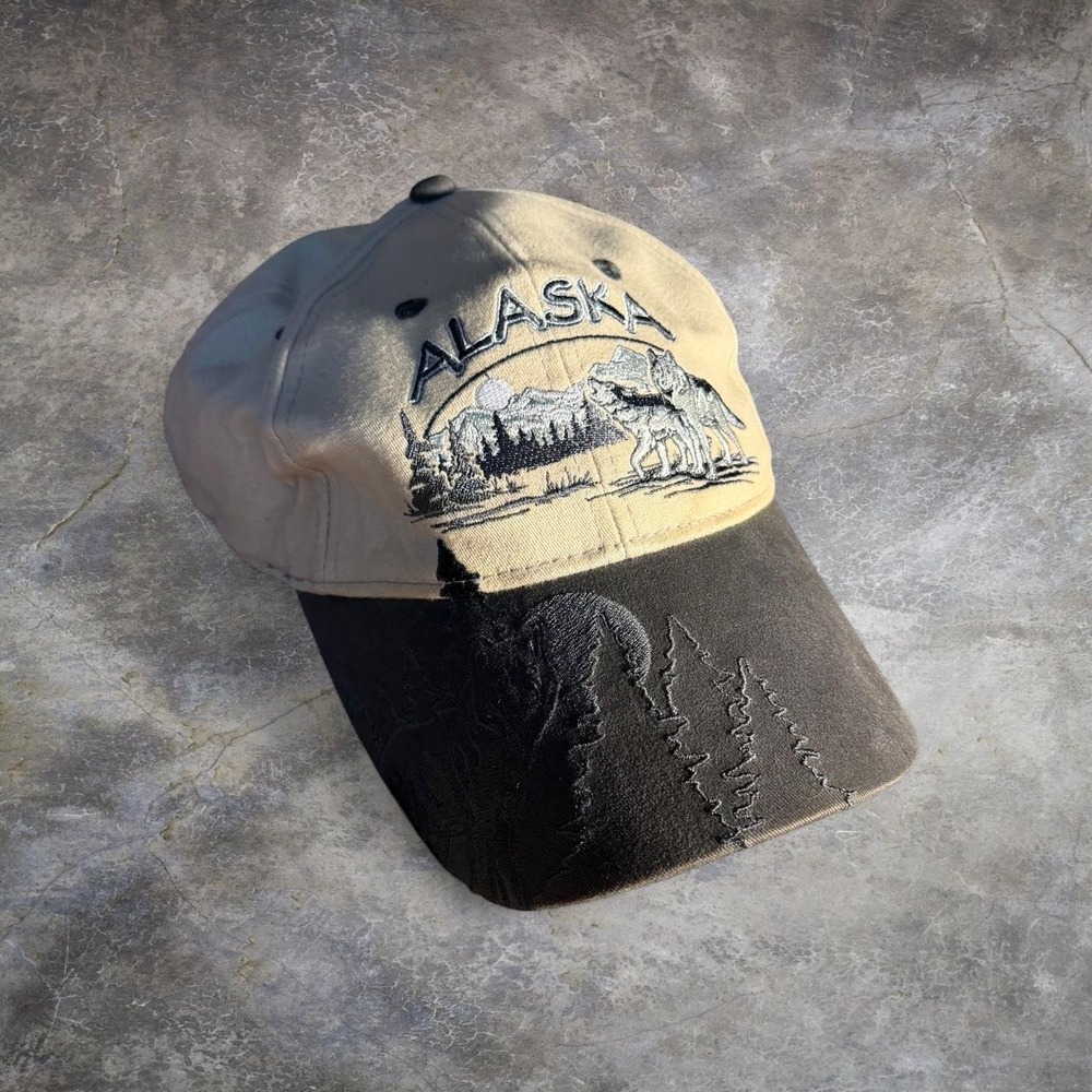 Alaska Embroidered Wolf Mountain Souvenir Baseball Hat Black Tan Strapback